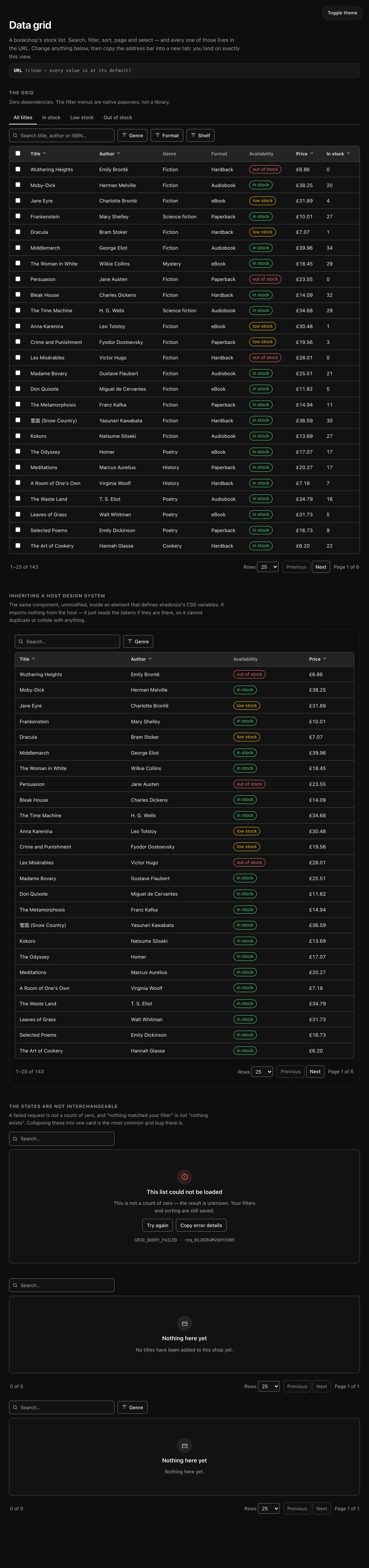 The full demo page in dark theme