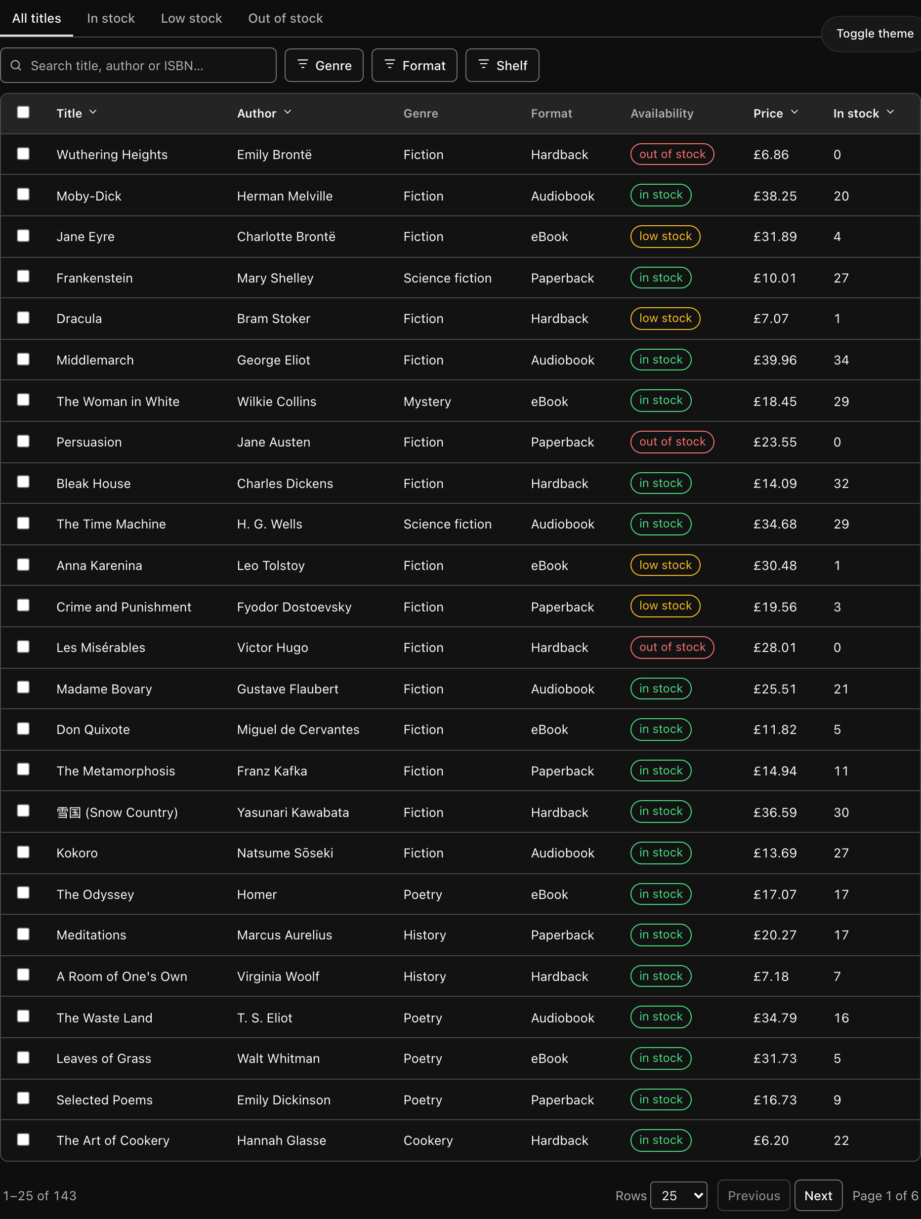 The grid in dark theme, showing the same bookshop stock list