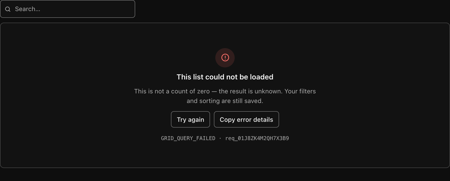The same error state in dark theme