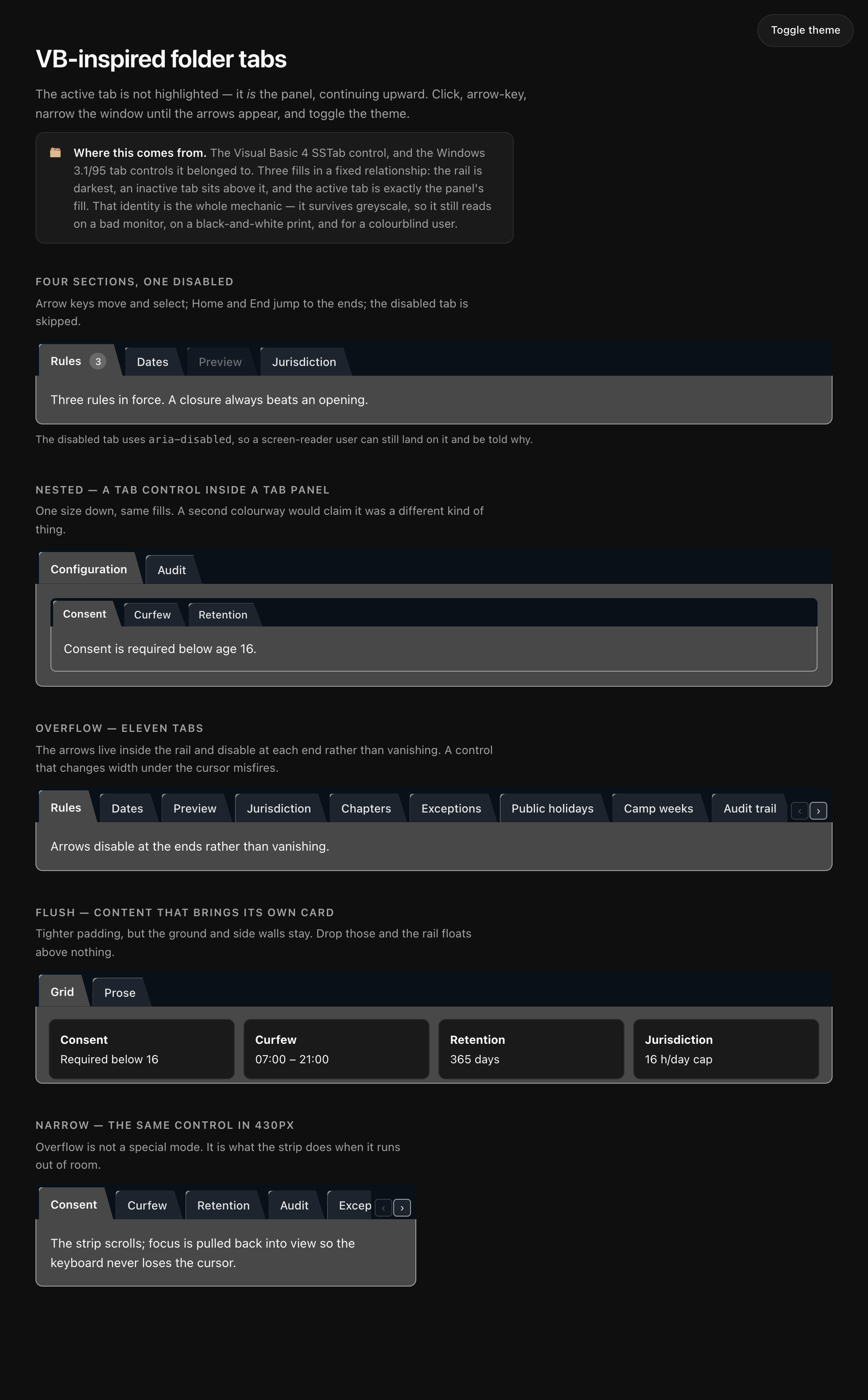 The full demo page in dark theme, showing every variant of the control stacked down the page