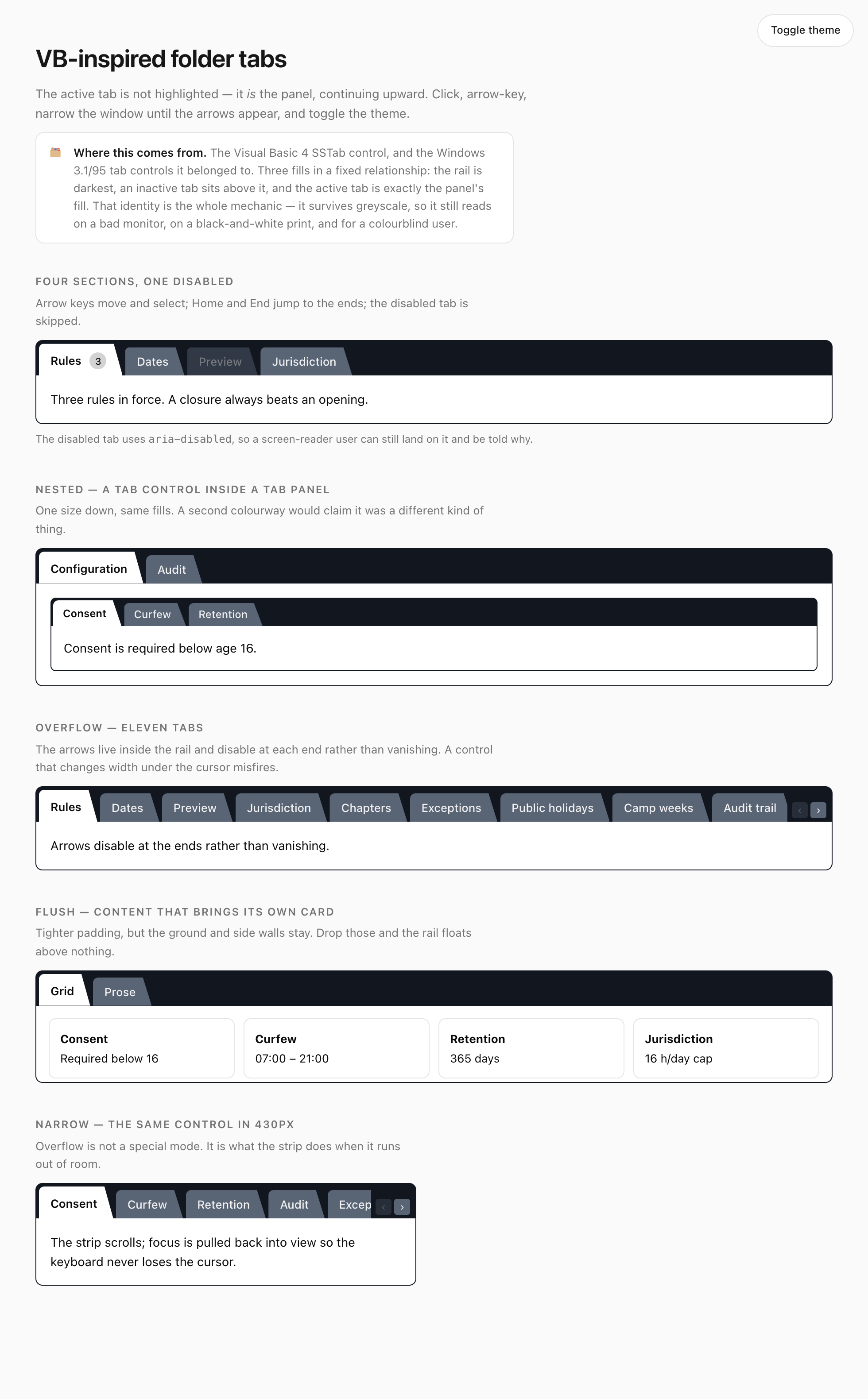 The full demo page in light theme, showing every variant of the control stacked down the page