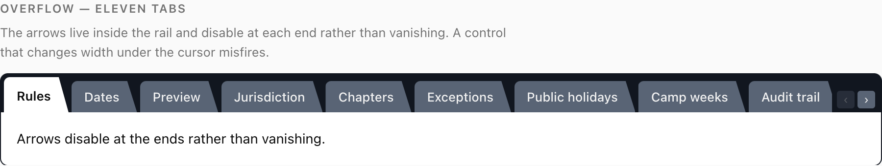 Eleven tabs overflowing their rail in light theme, with two small scroll arrows at the right-hand end inside the rail