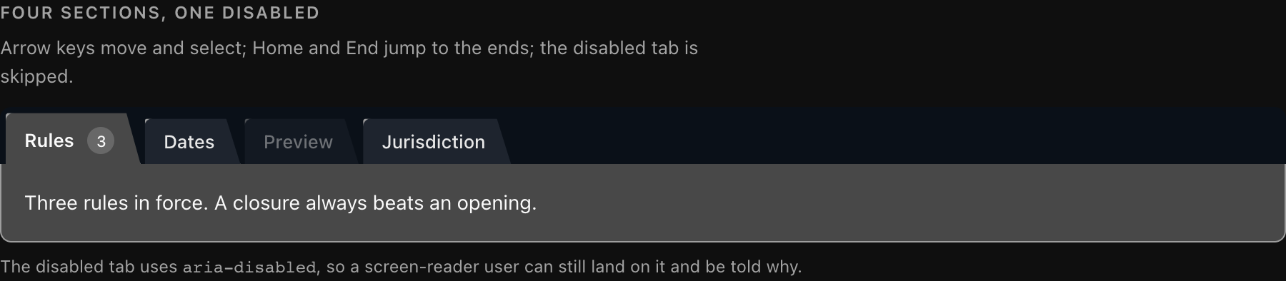 The control in dark theme: a mid-grey active tab merged into a matching panel, darker inactive tabs on a near-black rail