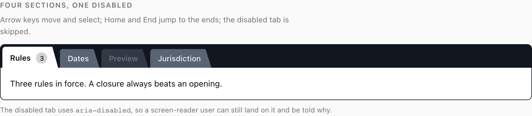 The control in light theme: a white active tab merged into a white panel, grey inactive tabs on a near-black rail